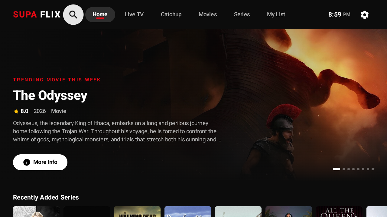 Supa APP on Android showing trending movies and series